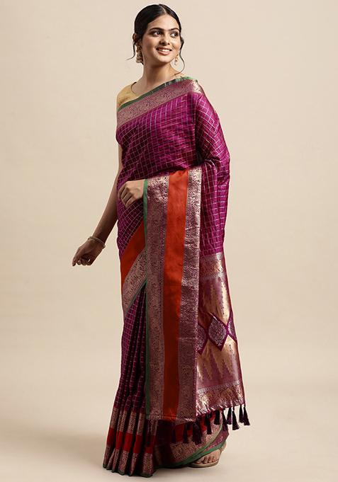 Wine Checked Pattern Woven Border Saree Set