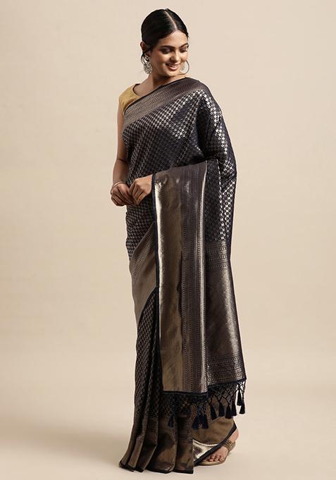 Navy Blue Woven Design Kanjivaram Silk Saree Set