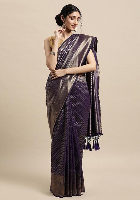 Purple Woven Design Kanjivaram Silk Saree Set