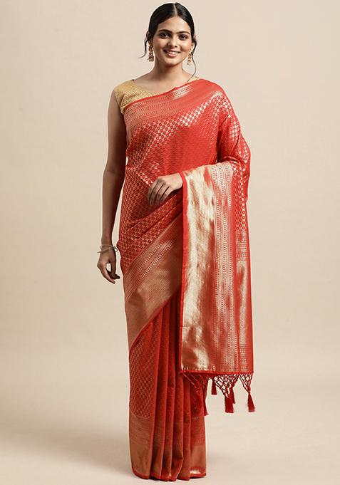 Red Woven Design Kanjivaram Silk Saree Set