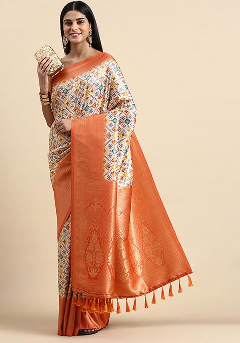 Orange Digital Print Patola Saree Set