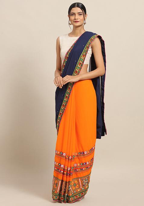 Orange Georgette Kutchi Embroidered Saree Set