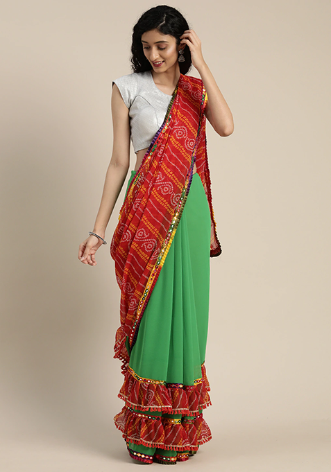 Green Georgette Kutchi Embroidered Saree Set