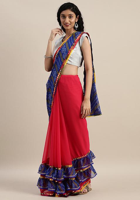 Red Georgette Kutchi Embroidered Saree Set