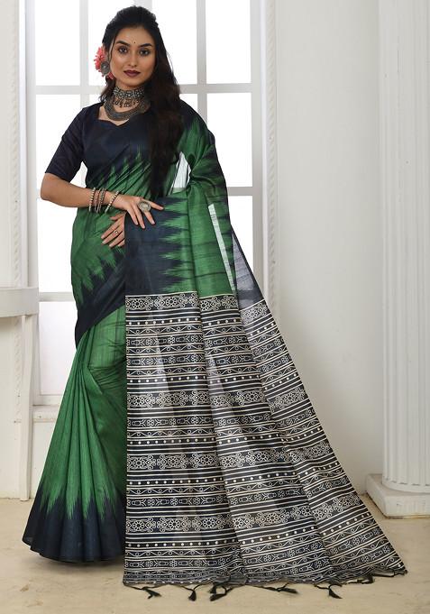 Green Floral Print Tussar Silk Saree Set