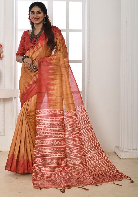 Mustard Printed Tussar Silk Saree Set