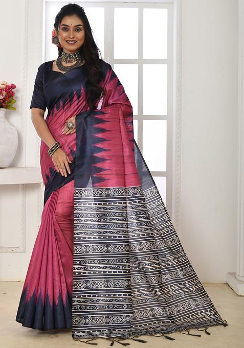 Pink Printed Tussar Silk Saree Set