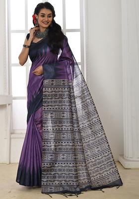 Purple Floral Print Tussar Silk Saree Set