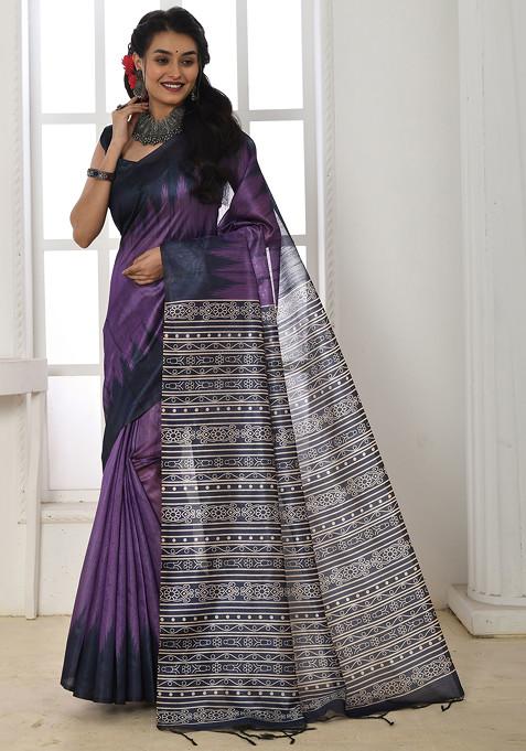 Purple Floral Print Tussar Silk Saree Set