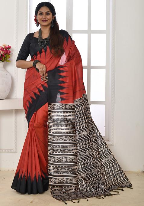 Red Printed Tussar Silk Saree Set