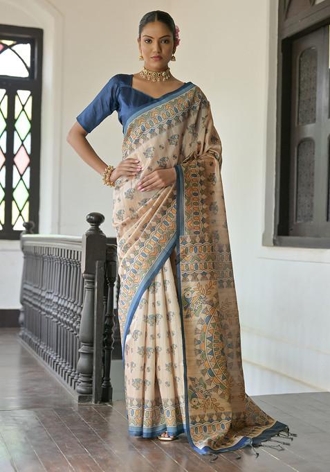 Blue Madhubani Print Soft Tussar Silk Saree Set 