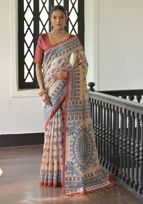 Red Madhubani Print Soft Tussar Silk Saree Set 