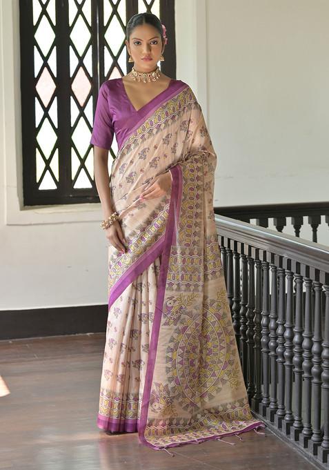 Wine Madhubani Print Soft Tussar Silk Saree Set 