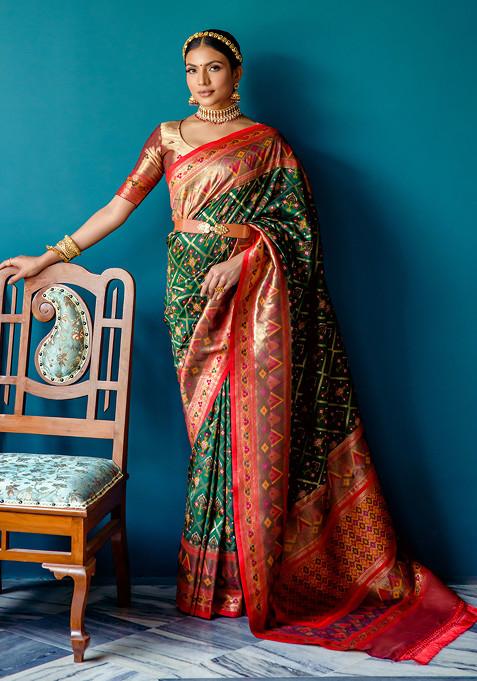 Green Patola Zari Woven Work Paithani Silk Saree Set