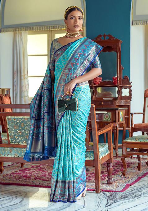 Firozi Patola Zari Woven Work Paithani Silk Saree Set