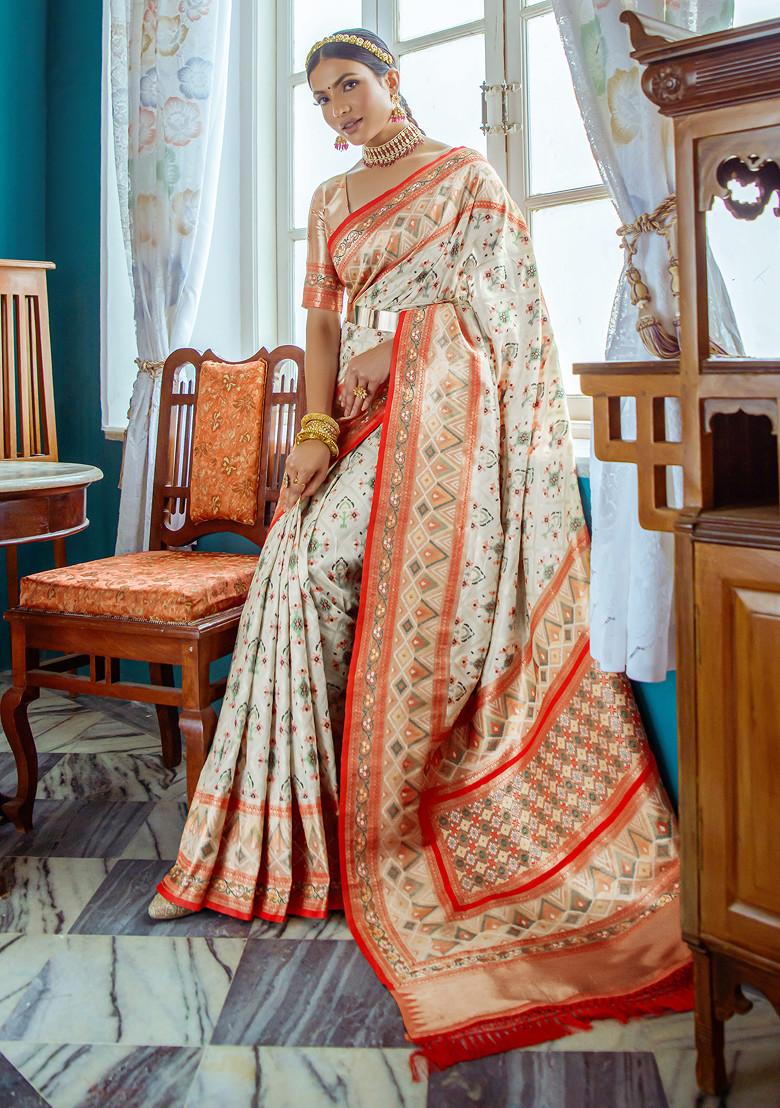 White Patola Zari Woven Work Paithani Silk Saree Set