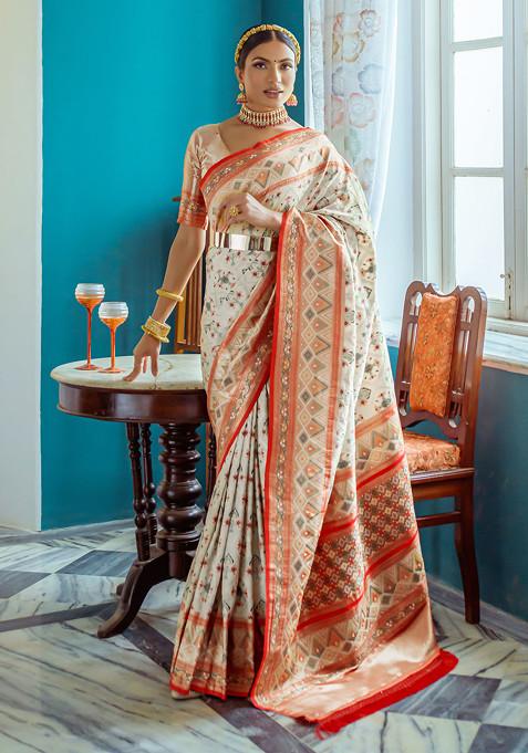 White Patola Zari Woven Work Paithani Silk Saree Set