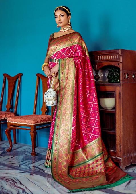 Wine Patola Zari Woven Work Paithani Silk Saree Set