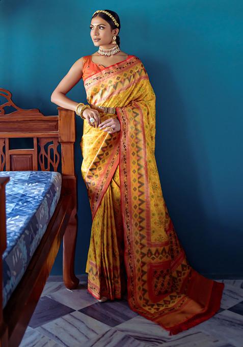 Yellow Patola Zari Woven Work Paithani Silk Saree Set