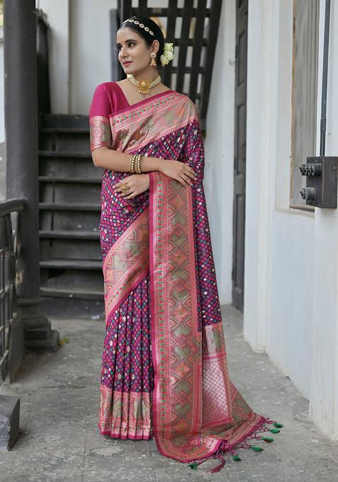 Wine Meenakari Zari Woven Work Paithani Silk Saree Set