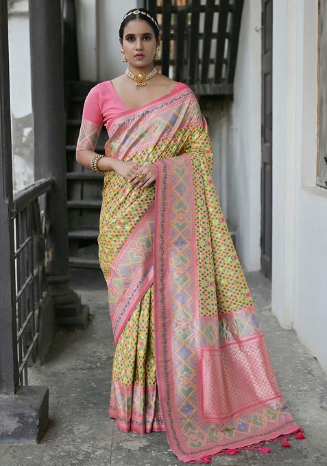 Yellow Meenakari Zari Woven Work Paithani Silk Saree Set