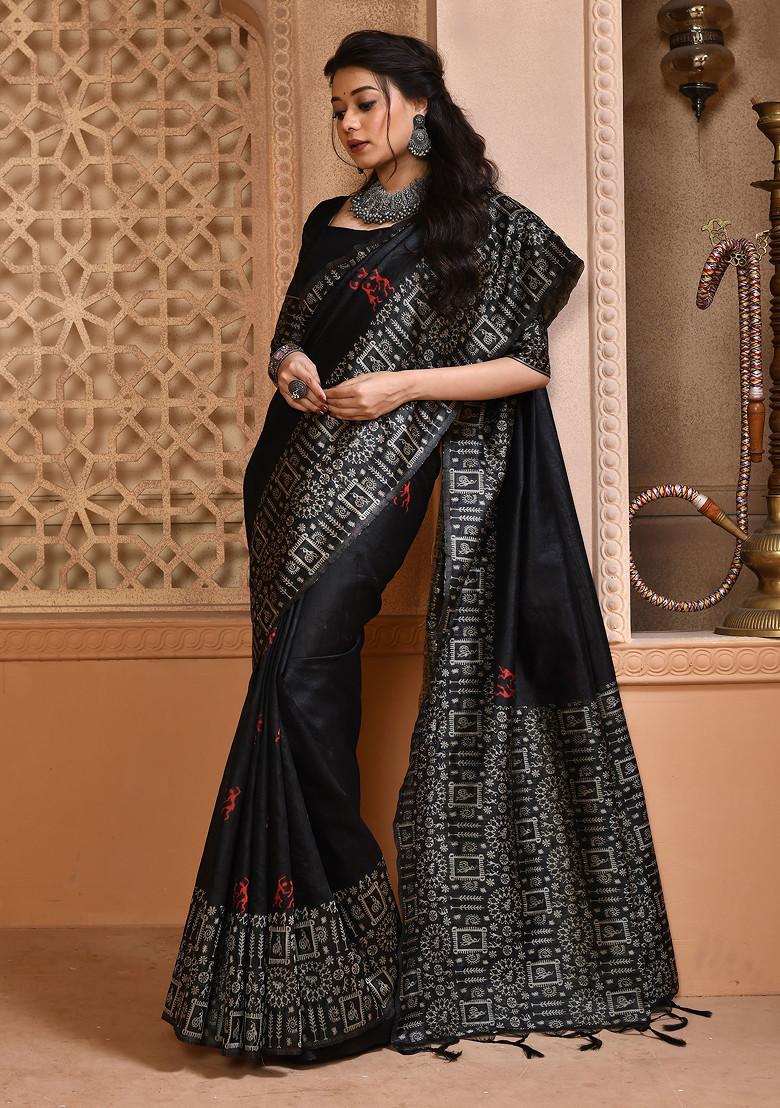 Buy Women Black Thread Woven Work Handloom Silk Saree Set
