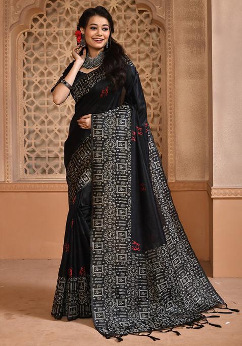 Black Thread Woven Work Handloom Silk Saree Set