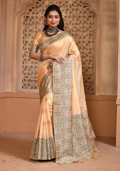 Cream Thread Woven Work Handloom Silk Saree Set