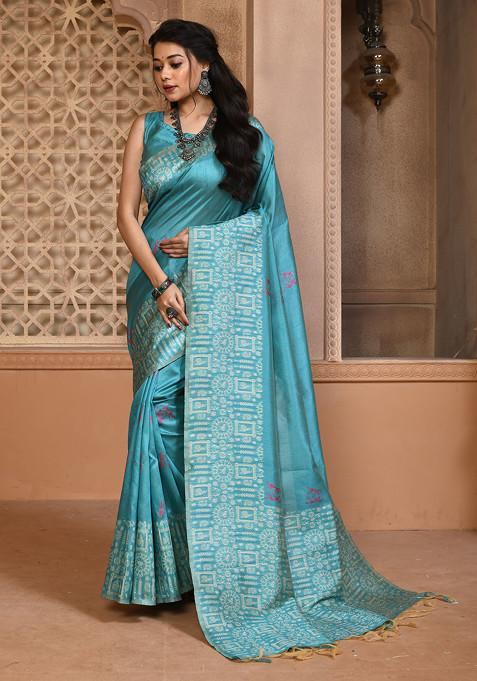 Firozi Thread Woven Work Handloom Silk Saree Set