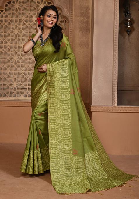 Mehendi Thread Woven Work Handloom Silk Saree Set