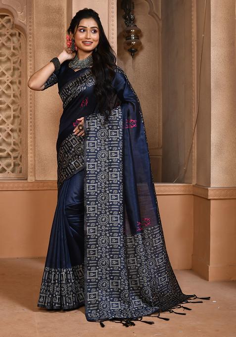 Navy Blue Thread Woven Work Handloom Silk Saree Set