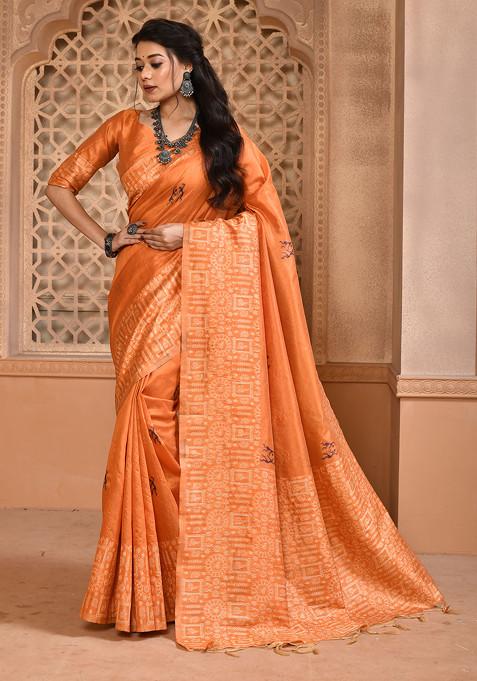 Orange Thread Woven Work Handloom Silk Saree Set