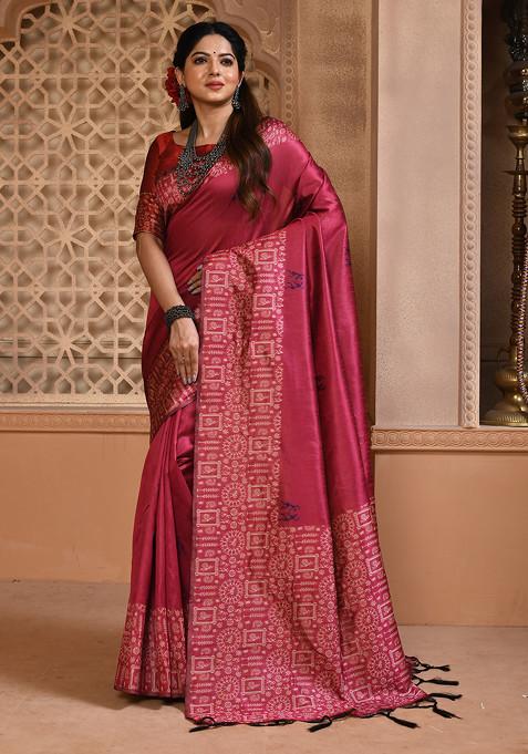 Pink Thread Woven Work Handloom Silk Saree Set