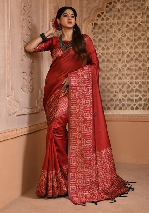 Red Thread Woven Work Handloom Silk Saree Set