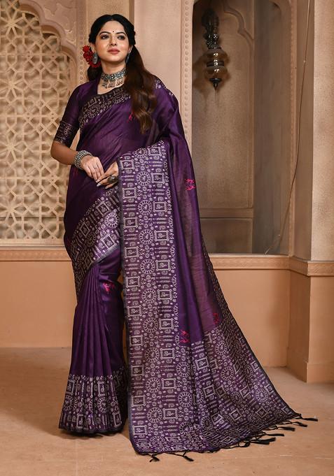 Wine Thread Woven Work Handloom Silk Saree Set