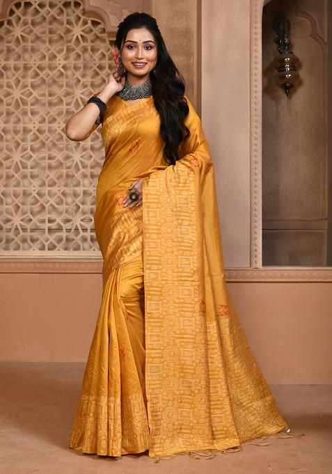 Yellow Thread Woven Work Handloom Silk Saree Set