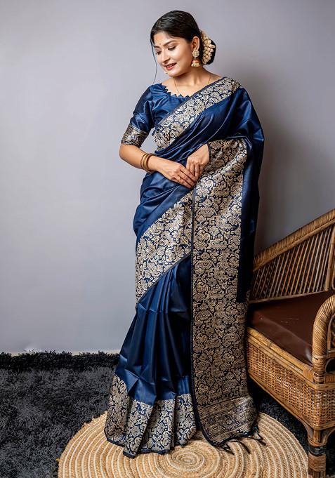 Blue Thread Woven Work Handloom Silk Saree Set