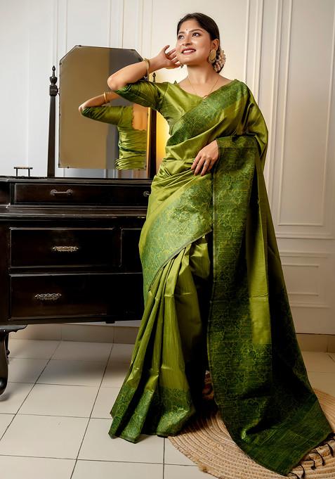 Olive Thread Woven Work Handloom Silk Saree Set