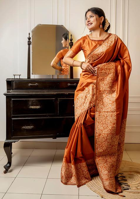 Orange Thread Woven Work Handloom Raw Silk Saree Set