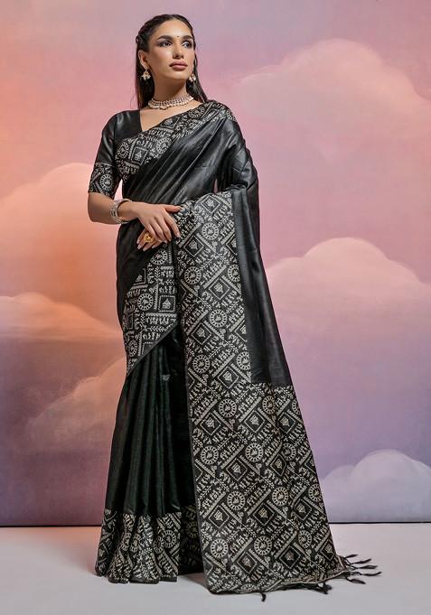 Black Thread Moti Work Handloom Raw Silk Saree Set