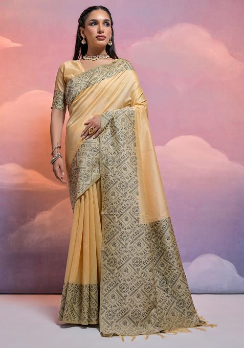 Cream Thread Woven Work Handloom Raw Silk Saree Set