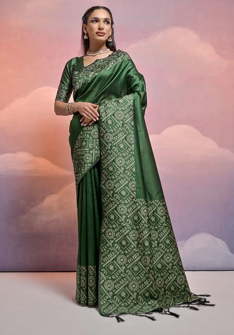 Green Thread Woven Work Handloom Raw Silk Saree Set