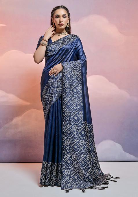 Navy Blue Thread Work Handloom Raw Silk Saree Set