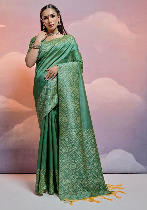 Pista Thread Woven Work Handloom Silk Saree Set