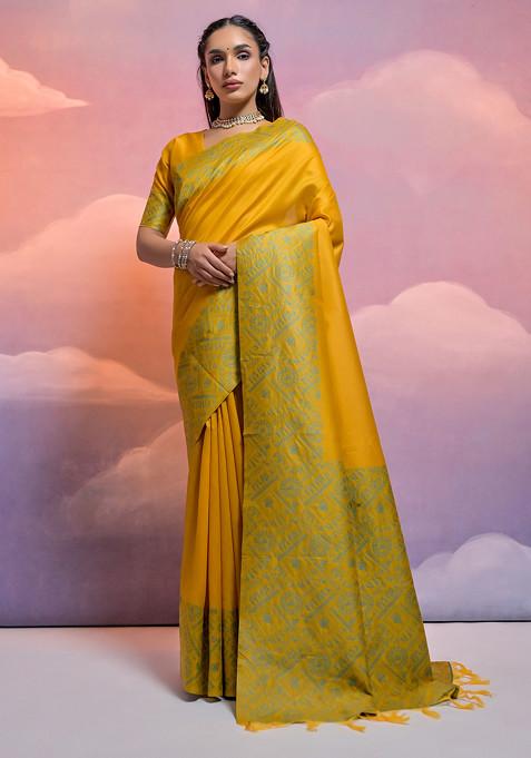 Yellow Thread Woven Work Silk Saree Set