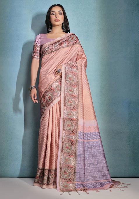 Peach Zari Woven Work Cotton Silk Saree Set