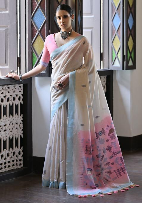 Firozi Kalamkari Print Muga Cotton Saree Set 