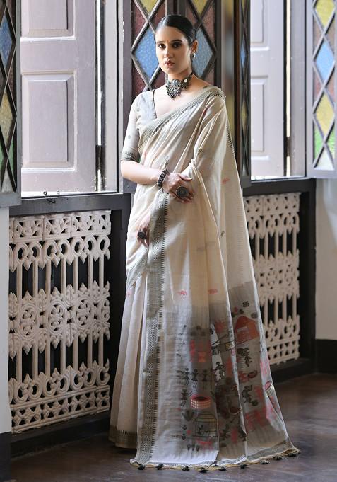 Grey Kalamkari Print Muga Cotton Saree Set 