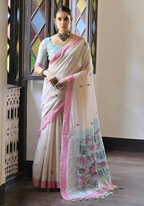 Pink Kalamkari Print Muga Cotton Saree Set 