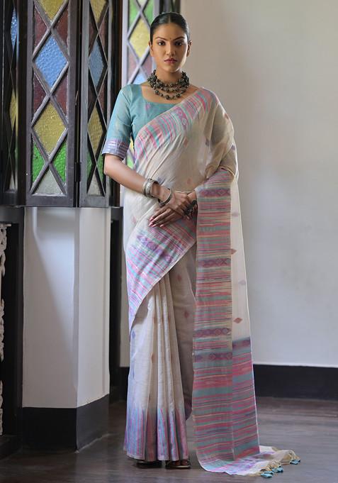 Firozi Ikat Print Muga Cotton Saree Set 